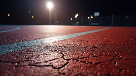 Running track at night with a red line on the ground. Sports backgroundの素材