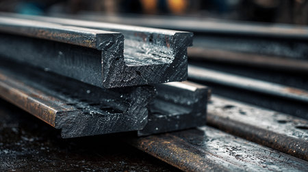 close up of steel rails at construction site, selective focus, shallow depth of fieldの素材