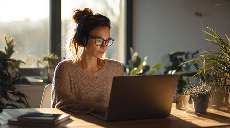 Young woman in eyeglasses using laptop computer while sitting at table in cafeの素材