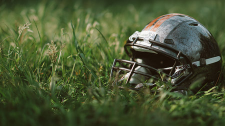 American football helmet on green grass. Close-up. Copy space.の素材