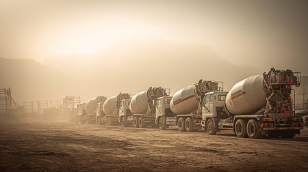 Concrete mixer truck at construction site with foggy sky background.の素材
