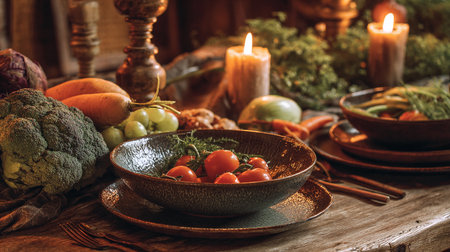 Vegetables and fruits on a wooden table in a rustic styleの素材