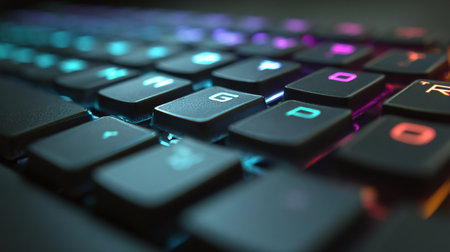 Computer keyboard with glowing letters, close-up. 3D renderingの素材