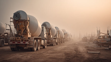 Concrete mixer truck on the construction site in foggy morning.の素材