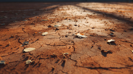 Dry and cracked ground with dry leaves, global warming concept.の素材
