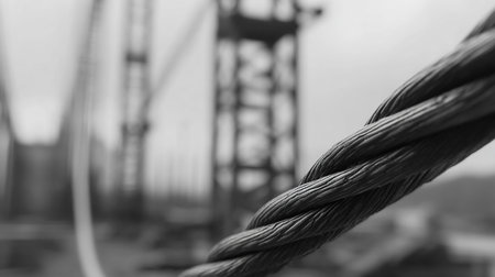 Black and white image of a metal cable with a blurred background.の素材