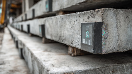 Concrete sleepers in a construction site, closeup of photoの素材