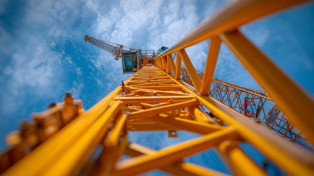 Yellow construction crane against the blue sky with clouds. Industrial background.の素材