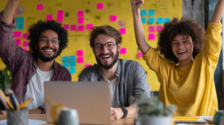 Multiethnic startup business team on meeting in modern bright office interior brainstorming, working on laptopの素材