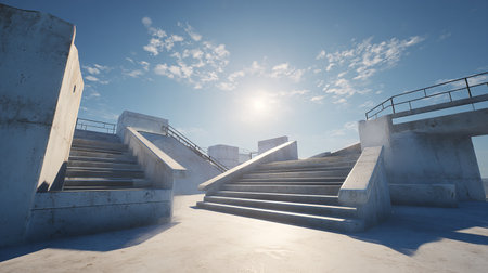 Concrete stairs leading up to blue sky with clouds. 3d renderの素材