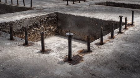 Screws on the construction site. Construction of the foundation of the building.の素材