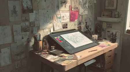 Sketchbook on the desk in the artist's studio.の素材