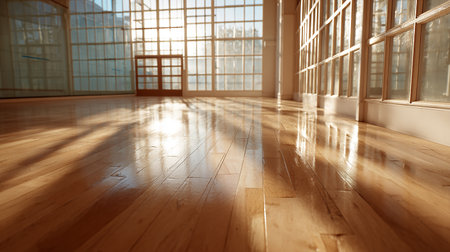 interior of a modern building with wooden floor and sunlight through windowの素材