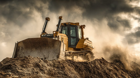 bulldozer at a construction site on a stormy sky backgroundの素材