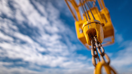 Close-up of a yellow crane hook against the blue sky.の素材