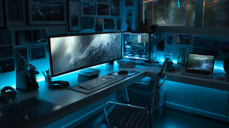 Computer room at night with a lot of monitors and computers on the tableの素材