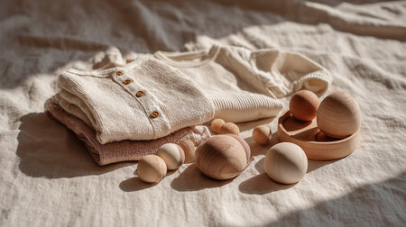 Baby clothes and wooden toys on bed, closeup. Baby shower conceptの素材