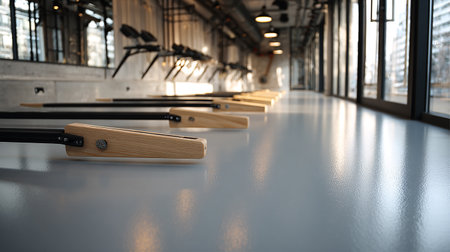 3d rendering of a row of wooden table tennis rack in a gymの素材