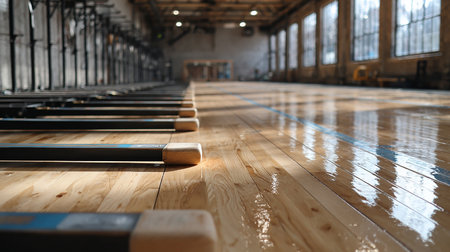 Interior of a modern fitness hall with wooden floor and treadmillsの素材