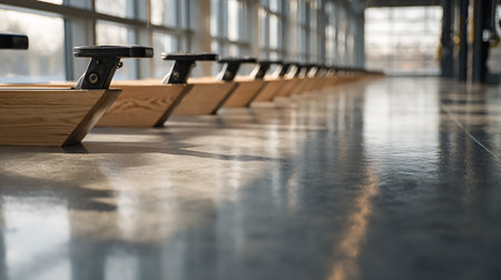 interior of modern airport terminal with rows of seats, shallow depth of fieldの素材