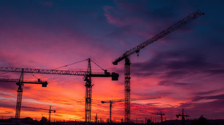 Silhouette of construction cranes against colorful sky at sunset.の素材
