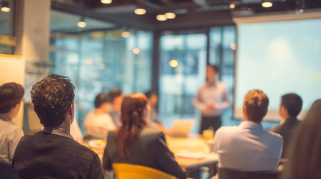 Business and entrepreneurship symposium. Speaker giving a talk at business meeting. Audience in conference hall. Rear view of unrecognized participant in audience.の素材