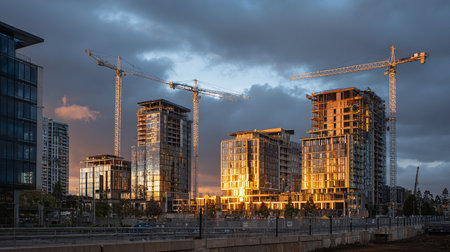 Construction site with cranes and building under construction, Moscow, Russiaの素材