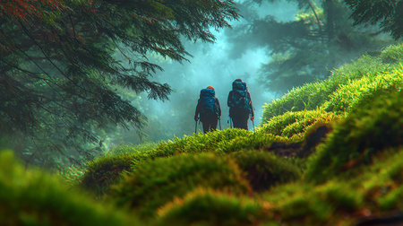 Silhouettes of two hikers in the misty coniferous forestの素材