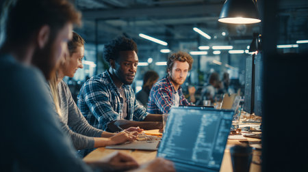 Group of multiethnic startup business people on meeting in modern bright office interior brainstorming, working on laptop and tablet computerの素材