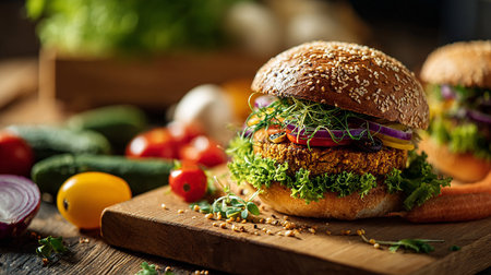 Vegetarian burger with quinoa, fresh vegetables and sproutsの素材