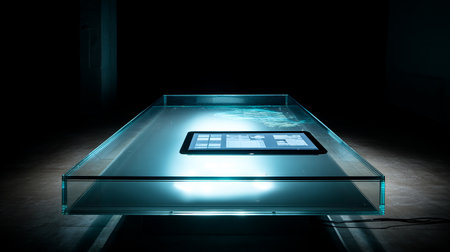 Futuristic technological display with glowing display. 3D Renderingの素材