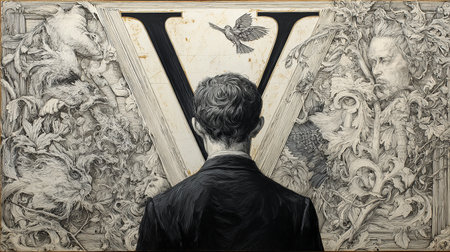 A man in a black shirt is standing in front of an old wall.の素材