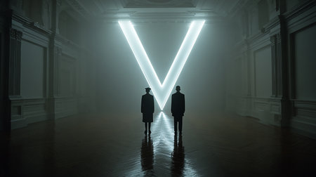 Silhouette of a man and a woman in an empty room with neon lightsの素材