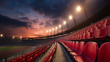 Stadium with red seats and lights at night, dramatic sky.の素材