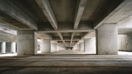 Interior of an empty industrial building with concrete walls and floor.の素材