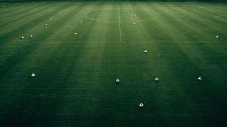 Soccer field with green grass and white balls. Top view.の素材