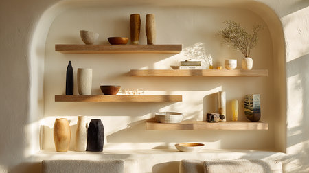 Wooden shelves with vases and decorative items on white wall backgroundの素材