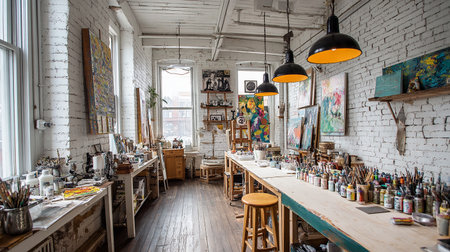 Interior of a small art studio in New York City, USAの素材