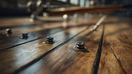 Detail of a wooden table with bolts and nuts. Selective focus.の素材