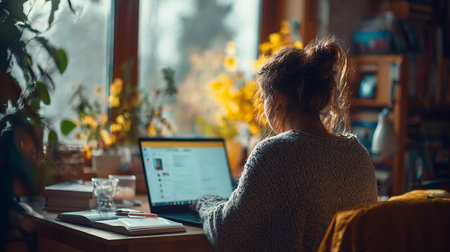 Back view of young woman working on laptop in cozy home interior.の素材