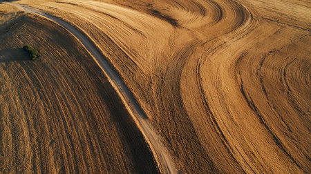 Aerial view of plowed agricultural field with tractor tracks, Polandの素材