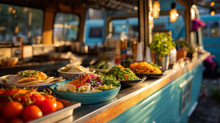 Tacos, burritos, quesadillas and salads on the counter of a restaurantの素材