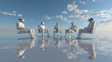 Business people with virtual reality goggles sitting in a row. 3d renderingの素材