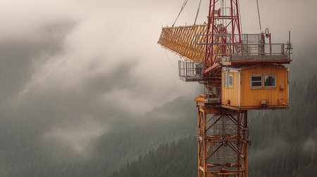3d rendering of a construction crane in a foggy mountain landscapeの素材