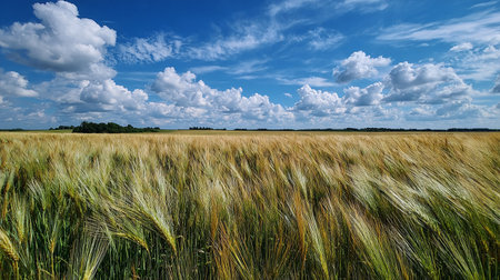 Wheat field and blue sky with white clouds. Landscape.の素材