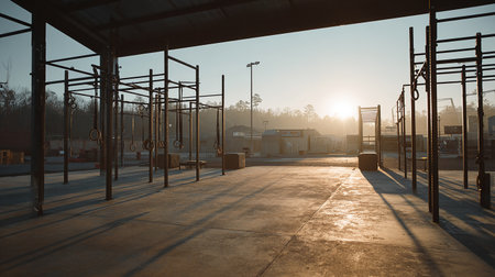Empty sports ground during sunrise in the morning. Fitness and healthy lifestyle concept.の素材