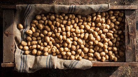 Raw potatoes in a wooden box, top view, rustic styleの素材
