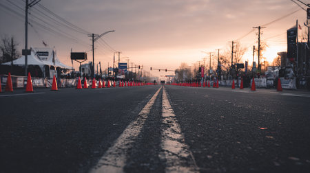 Empty asphalt road with red traffic cones during sunset. Selective focus.の素材