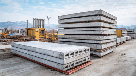 Stack of concrete slabs at the construction site. Industrial background.の素材