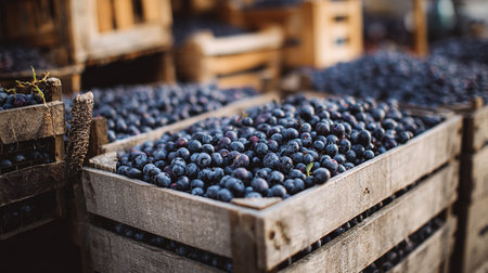 Ripe blueberries in wooden boxes on the counter of a wineryの素材